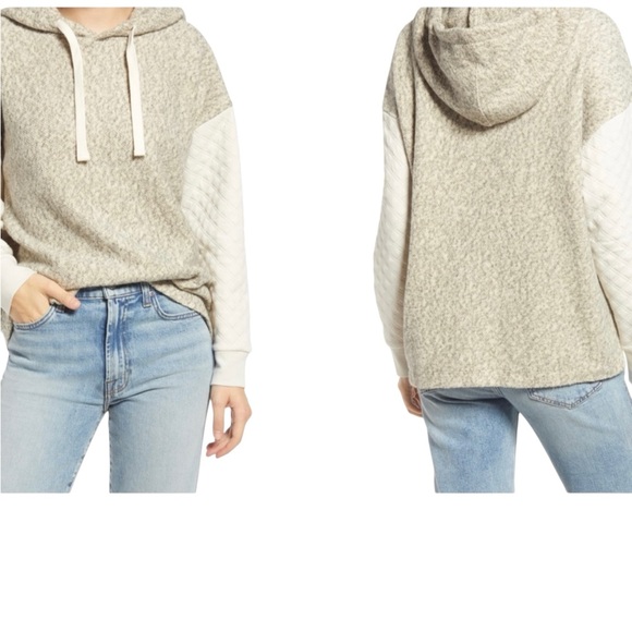 Madewell Quilted Sleeve Hoodie Sweatshirt Top in ivory and gray. Size‎ Large - Picture 4 of 16